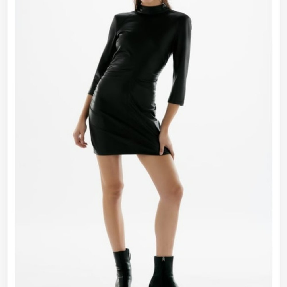 Zara Faux Leather Black Open Back Dress Size Small